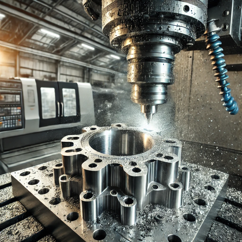 A high-tech CNC machining process creating a precision metal component for agricultural machinery. The image shows a CNC milling machine working on a