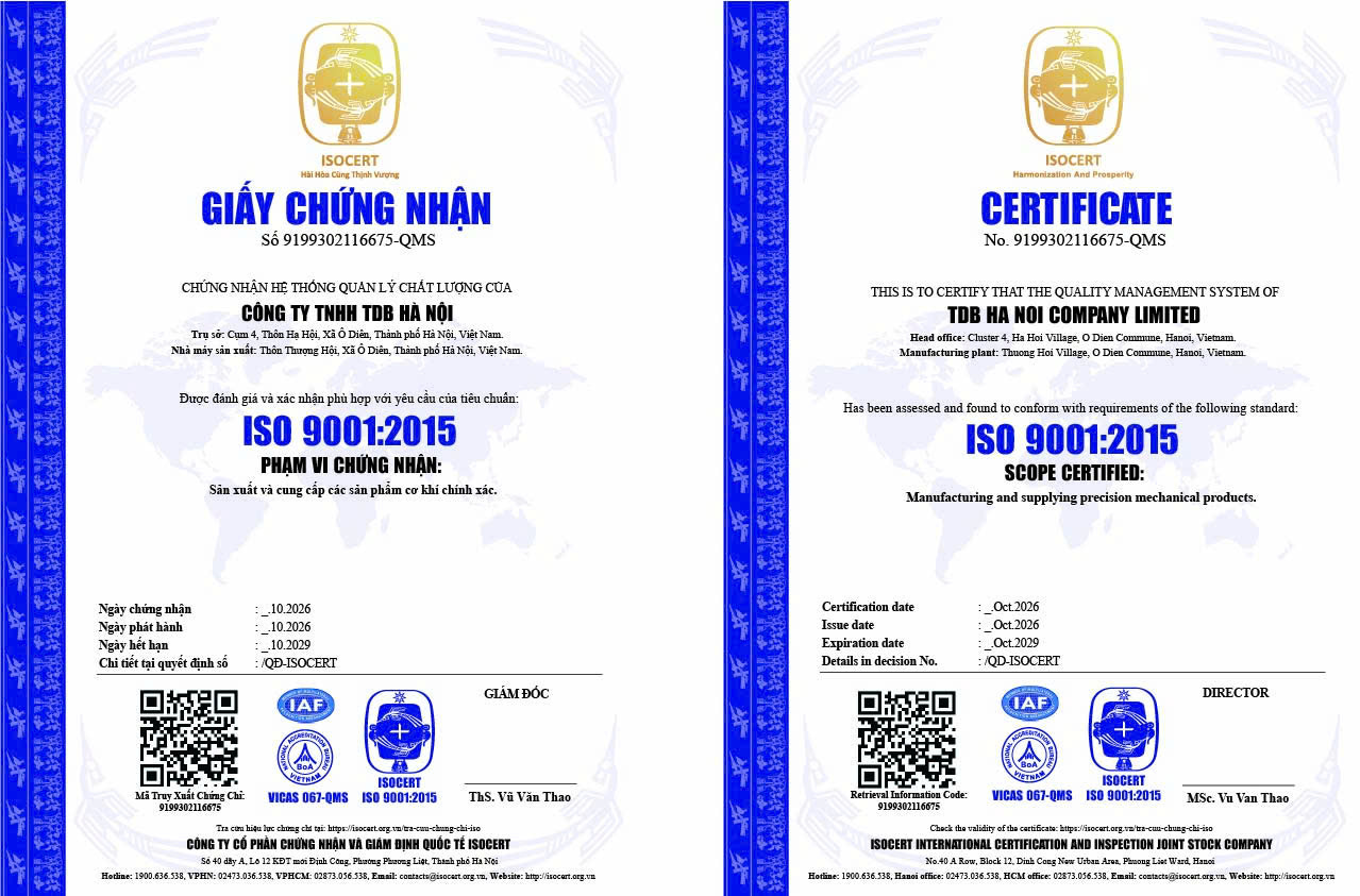# ISO 9001 Certified CNC Machining in Vietnam: Why Global Buyers Choose TDB Hanoi**Choosing a reliable CNC machining partner in Vietnam requires more than competitive pricing. For international buyers, consistent quality, controlled manufacturing processes, and dependable long-term supply are equally important.** TDB Hanoi is proud to reaffirm its commitment to quality through its ISO 9001:2015 certification, supporting our mission to provide reliable precision CNC machining and OEM manufacturing services to customers worldwide. With more than 50 CNC machines and a production capacity of up to 200,000 parts per month, TDB Hanoi combines manufacturing capability with a structured quality management system to support international sourcing requirements. ## Why ISO 9001:2015 Matters When Choosing a CNC Manufacturer in Vietnam For global OEM customers, selecting a manufacturing supplier involves evaluating several critical factors: - Consistent product quality across repeat orders - Clear manufacturing and inspection procedures - Effective control of production processes - Traceability and quality documentation - Corrective actions and continuous improvement - Reliable communication and long-term supplier performance ISO 9001:2015 is an internationally recognized quality management system standard that provides a framework for managing these requirements. An ISO 9001-certified manufacturer has undergone an independent assessment of its quality management system against the standard. Although certification does not guarantee that every manufactured component will be defect-free, it provides customers with greater confidence in the manufacturer's approach to quality management and process control. ## TDB Hanoi: An ISO 9001:2015 Certified CNC Manufacturer in Vietnam Established in 2015, TDB Hanoi specializes in precision CNC machining and customized OEM component manufacturing for global B2B customers. Our manufacturing capabilities include: ### CNC Milling Services Precision CNC milling for customized metal components manufactured according to customer drawings, specifications, and project requirements. ### CNC Turning Services CNC turning solutions for cylindrical components, threaded parts, and precision-machined products requiring repeatable dimensional accuracy. ### Automated CNC Lathe Machining Efficient machining solutions for suitable precision components, supporting repeat production and consistent manufacturing performance. ### OEM and Contract Manufacturing Long-term manufacturing support for customers requiring customized components, recurring production orders, and coordinated supply arrangements. Our objective is not simply to produce individual parts, but to establish reliable manufacturing processes that support our customers throughout the product lifecycle. ## How TDB Hanoi Supports Quality Throughout CNC Manufacturing At TDB Hanoi, quality management is integrated into the manufacturing process, from the initial technical review through production and final inspection. **1. Technical Drawing and Requirement Review** Before production, our team reviews customer drawings, materials, tolerances, and technical specifications to identify critical manufacturing requirements. **2. Material and Incoming Quality Control** Material specifications and relevant supplier documentation are reviewed according to applicable customer and production requirements. **3. In-Process Quality Control** Manufacturing processes are monitored, and inspection activities are performed according to the requirements of each production program. **4. Final Inspection** Finished components undergo applicable quality checks before delivery to verify conformity with agreed specifications. **5. Quality Documentation and Traceability** Depending on customer requirements and the manufacturing program, TDB Hanoi can support documentation such as: - Material Certificates - First Article Inspection (FAI) - Production Part Approval Process (PPAP) - Failure Mode and Effects Analysis (FMEA) - Control Plans - Certificates of Conformance (CoC) These quality management activities help customers establish greater confidence in product consistency and long-term supply reliability. ## Why International Buyers Consider Vietnam for CNC Machining Vietnam has become an important manufacturing location for companies seeking to diversify their global supply chains. For international procurement teams, Vietnam can offer opportunities to develop alternative manufacturing sources, support supply chain diversification, and establish long-term production partnerships. However, choosing the right supplier requires more than identifying a competitive manufacturing location. Buyers should carefully evaluate a supplier's actual production capabilities, quality management system, technical communication, manufacturing experience, and ability to maintain consistent output. Working with an ISO 9001:2015-certified CNC manufacturer can be an important part of this supplier evaluation process. ## Supporting Long-Term OEM Manufacturing Partnerships Many OEM components are manufactured repeatedly over several years. For these programs, manufacturing consistency is particularly important because variations in product quality can affect assembly operations, inventory planning, and downstream production. TDB Hanoi focuses on supporting customers through stable manufacturing processes, ongoing communication, and continuous improvement. Our manufacturing approach is designed to support both initial production requirements and recurring OEM orders. ## Looking for an ISO 9001 Certified CNC Machining Supplier in Vietnam? If your company is searching for an ISO 9001-certified CNC machining partner in Vietnam, TDB Hanoi welcomes the opportunity to discuss your manufacturing requirements. Our team can review your technical drawings, material specifications, estimated quantities, and quality documentation needs to evaluate manufacturing feasibility and prepare a quotation. **Partner with TDB Hanoi — Built on Quality. Driven by Trust.** Explore our [ISO 9001 Certification](https://tdb.com.vn/capabilities/certificate/) or learn more about our [manufacturing capabilities](https://tdb.com.vn/). **Send us your RFQ and discover how TDB Hanoi can support your next manufacturing project.** Website: https://tdb.com.vn --- ## Frequently Asked Questions ### Is TDB Hanoi an ISO 9001:2015 certified CNC manufacturer? Yes. TDB Hanoi maintains an ISO 9001:2015-certified quality management system supporting its precision manufacturing operations in Vietnam. ### Does TDB Hanoi provide CNC machining for international OEM customers? Yes. TDB Hanoi provides precision CNC machining and OEM manufacturing solutions for international B2B customers, including support for recurring production programs. ### What CNC machining services does TDB Hanoi offer? Our capabilities include CNC milling, CNC turning, automated CNC lathe machining, and integrated contract manufacturing solutions. ### Can TDB Hanoi provide quality documentation for CNC machined parts? Yes. Depending on project requirements, TDB Hanoi can support Material Certificates, FAI, PPAP, FMEA, Control Plans, and Certificates of Conformance. ### How can I request a CNC machining quotation from TDB Hanoi? ISO 9001 Certified CNC Machining Vietnam